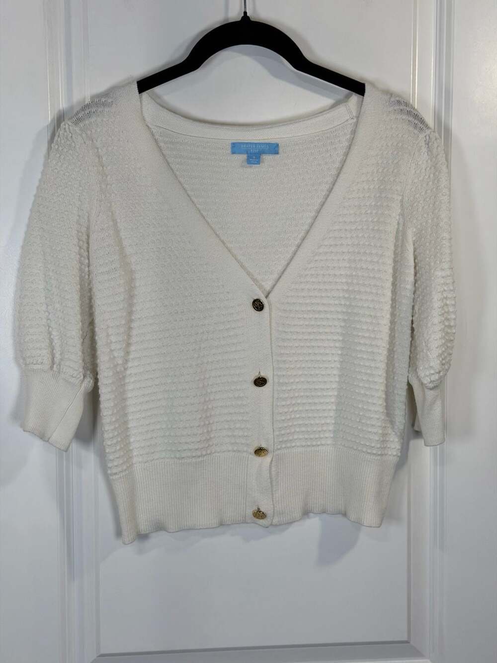 Draper James RSVP White Textured V-Neck Cardigan with Gold Buttons, Size S
